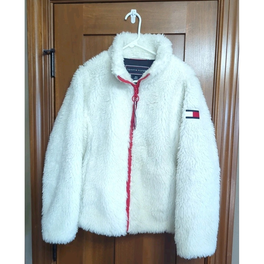 Tommy Hilfiger Sherpa Jacket Womens Medium White Y2K Fluffy Fleece Big Logo